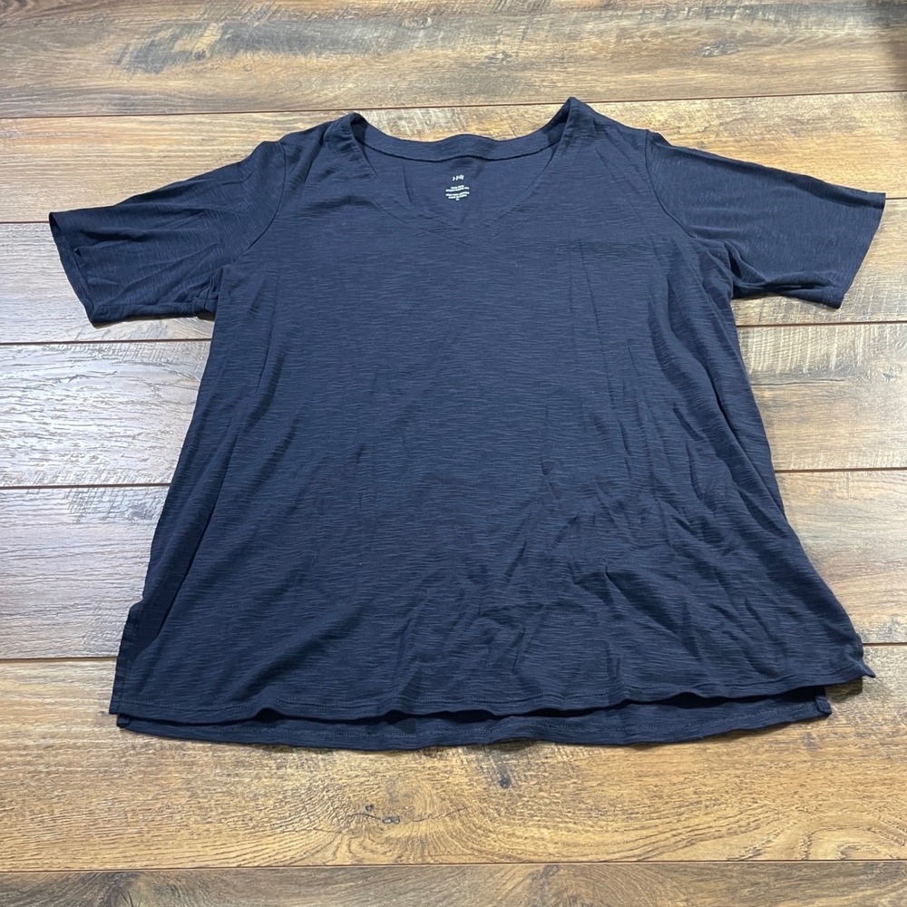 J. Jill Pima Slub Elbow Sleeve Tee Navy Blue V-Neck 100% Pima Cotton XL Minimal